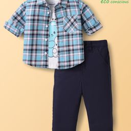 Babyoye Eco Conscious 100% Cotton Woven Full Sleeves Checkered Shirt & Trouser Set with Inner Tee - Light Blue-image-75