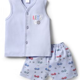 Tango Interlock Knit Front Open Sleeveless Text Printed Jhabla & Cars Printed Shorts -Light Blue-20