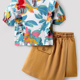 OLLINGTON ST. Sinker Knit Half Sleeves Top & Skorts Set With Tropical Theme Print - White-image-91