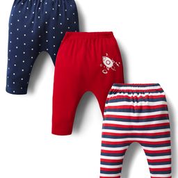 Babyhug Cotton Interlock Knit Full Length Diaper Leggings with Space Theme Print & Stripe Design Pack of 3 - Red & Blue-image-53