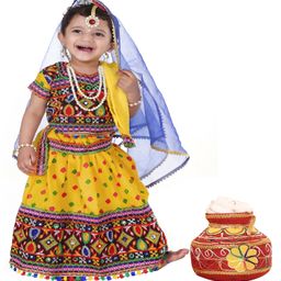 RAJ FANCY DRESSES Woven Janmasthami Theme Half Sleeves Ethnic Embroidered Radha Costume Set - Lemon-image-5