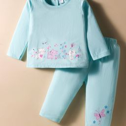Tango Single Jersey Knit Full Sleeves Top and Lounge Pant Set With Kitty & Floral Print - Light Blue-picture-20