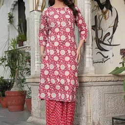Viharini Floral Printed Pure Cotton Round Neck Straight Kurta With Palazzos-picture-35