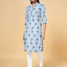 Rangmanch by Pantaloons White & Blue Cotton Floral Print Straight Kurta-picture-25