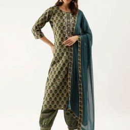 Divena Green Floral Pure Cotton Kurta With Pant & Dupatta-image-50