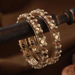 Aatmana Rose Gold-Plated White Pearl Beaded & Crystal Studded Bangles for Women (Set of 2) - 2.4-18