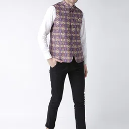Hangup Men Multicoloured Printed Nehru Jacket With Pocket Square image 4