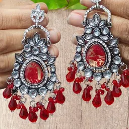 OPUS GEMS Artificial Stones Studded & Beaded Floral Shaped Drop Earrings-picture-8