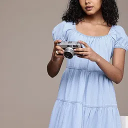 The Roadster Life Co. Tie-Up Puff Sleeve Gathers Pure Cotton Chambray Tiered A-Line Dress-image-15