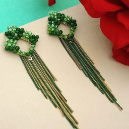 DIVASTRI Gold-Plated Artificial Beaded Contemporary Shaped Tasselled Drop Earrings-17