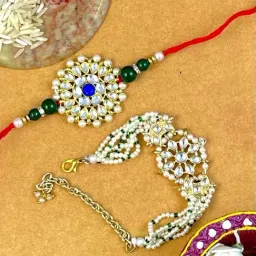 Karatcart Gold-Plated Handmade Kundan Rakhi, Roli & Chawal for Bhai & Bhabi - Set of 2-image-26