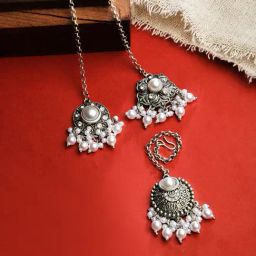 Fida Ethnic Oxidised Silver-Plated Pearl Detail Floral Maang Tikka for Women - Set of 3-59