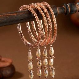 Aatmana Rose Gold-Plated & Crystal Studded with Pearl Tassel Bangles for Women (Set of 4) - 2.8-2