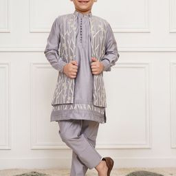 VASTRAMAY Boys Mandarin Collar Thread Work Straight Kurta With Pyjama & Jacket-29
