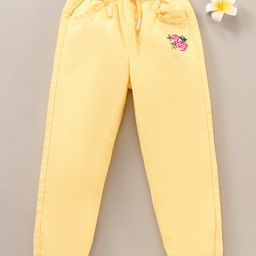 Babyhug Full Length Flower Embroidered Trousers - Yellow-image-36