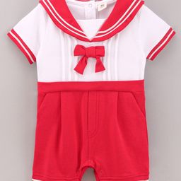ToffyHouse Cotton Half Sleeves Party Rompers Solid - Red White-image-4