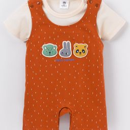 Mini Taurus Cotton Half Sleeves Animal Face Embroidered Dungaree Style Romper - Orange-image-90