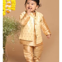 Vastramay Full Sleeves Solid Kurta & Pyjama With Blocks Foil Printed Nehru Jacket - Golden-image-59