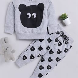 TOONYPORT Full Sleeves Cartoon Face Animal Printed Looper Knitted Sweatshirt & Joggers Set - Grey & Black-image-62