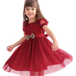 Babyhug Half Sleeves Party Frock with Glitter Detailing & Bow Applique - Red-image-13