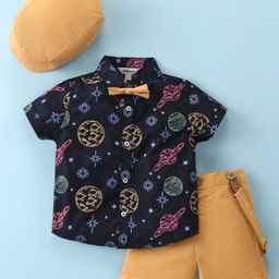 ToffyHouse Poplin Woven Half SLeeves Space Theme Printed Shirt & Shorts Set with Bow & Suspender - Golden-image-56