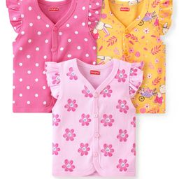 Babyhug 100% Cotton Knit Frill Sleeves Set of Vests Polka Dots & Floral Print Pack of 3 - Multicolour-image-94