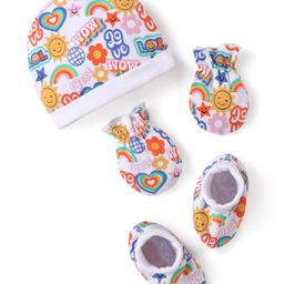 Babyhug 100% Cotton Cap Mittens & Booties Set Text Print - Multicolour-image-41