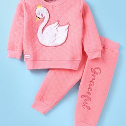 Little DarlingsKnit Full Sleeves Winter Wear Sweatshirt with Lounge Pant Duck Embroidery- Pink-image-27