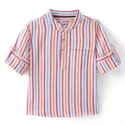 Babyhug Cotton Woven Full Sleeves Mandarin Collared Kurta Style Striped  Shirt with Pocket - Multicolour-image-87