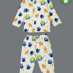 The Boo Boo Club Cotton Knit Full Sleeves Tiger & Elephant Printed Coordinating Night Suit Set - White-image-12