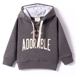 Ollypop Fleece Knit Full Sleeves Hooded Sweatshirt With Text Print - Charcoal Grey-image-77