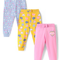 Babyhug Single Jersey Knit Full Length Hearts & Polka Dots Printed Lounge Pants with Bow Applique Pack of 3 - Yellow Light Blue & Pink-image-94