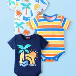 Babyhug 100% Cotton Knit Half Sleeves Striped & Beach Theme Printed Onesies Pack of 3 - Navy & White-image-70