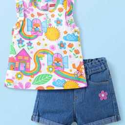Babyhug Single Jersey Knit Sleeveless Top & Denim Shorts Set With Floral Print & Embroidery - White & Blue-image-5