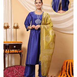 Zelena Three Fourth Sleeves Floral Embroidered Zip Nursing Access Maternity Kurta With Palazzo & Dupatta Set - Blue-image-26