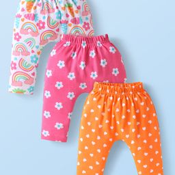 Babyhug Cotton Interlock Knit Full Length Diaper Leggings with Floral & Heart Print Pack of 3 - White Pink & Orange-image-42