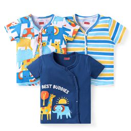 Babyhug 100% Cotton Knit Half Sleeves Front Open Vests With Animal Print Pack of 3 - Navy Blue Yellow & White-image-127