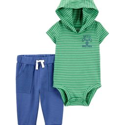 Carter's Knit Half Sleeves Hooded Onesie with Leggings with Stripes & Print - Green & Blue-image-66