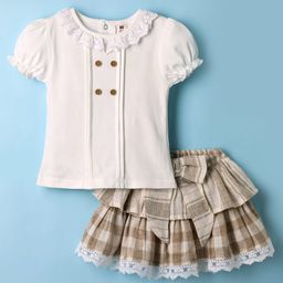 ToffyHouse Knit Half Sleeves Top & Checks Skirt Set With Lace Detailing - White & Beige-image-43