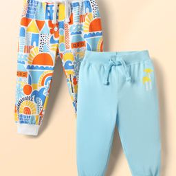 Babyhug Terry Knit Full Length Lounge Pant With Abstract Print Pack Of 2 - Light Blue & Blue-image-74