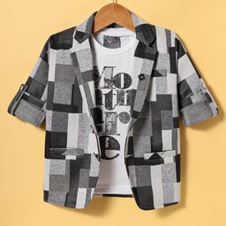 Dapper Dudes Full Sleeves Abstract Printed Blazer With Typography Printed Tee - Grey-picture-10