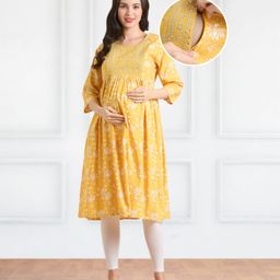 Bella Mama Woven Three Fourth Sleeves Maternity Kurta with Pocket Embroidery Yoke & Floral Print - Yellow-picture-38