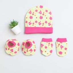 BUMZEE Interlock Knit Cap Mittens & Booties Set with Floral Print Pink & Yellow - Diameter 11.5 cm-18