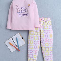 BUMZEE Cotton Knit Full Sleeves Night Suit with Floral & Little Princess Text Print - Baby Pink-picture-5