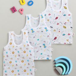 BUMZEE Cotton Pack Of 3 Sleeveless Space Theme & Animals Printed Vests - White-image-83