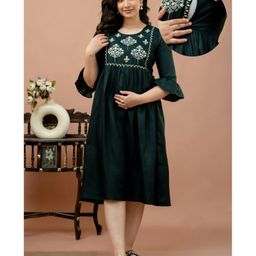 CeleBravo Cotton Blend Three Fourth Bell Sleeves Floral Embroidered Maternity Dress With Nursing Access - Dark Green-picture-17