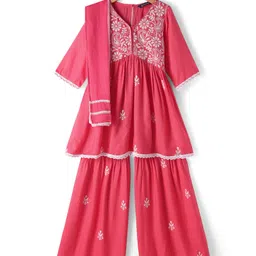 Pine Kids Woven Three Fourth Sleeves Kurti Palazzo Set with Dupatta & Floral Embroidery - Pink-picture-20