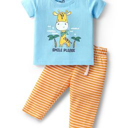 Doodle Poodle 100% Cotton Half Sleeves Animal Printed & Striped Nightsuit - Light Blue & Yellow-image-56