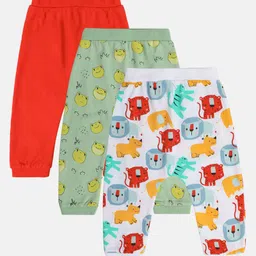 MINI KLUB Cotton Pack Of 3 Baby Animals Printed & Solid Diaper Pajamas - Red Green & White-picture-17