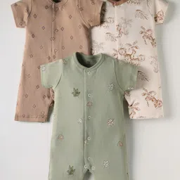 I Bears Interlock Knit Half Sleeves Rompers with Animal Print Pack Of 3 - Olive Green Brown & White-picture-9